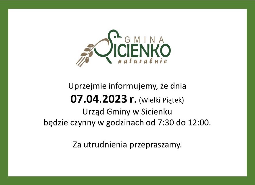 7.kwietnia Urząd gminy w Sicienku czynny do godziny 12:00
