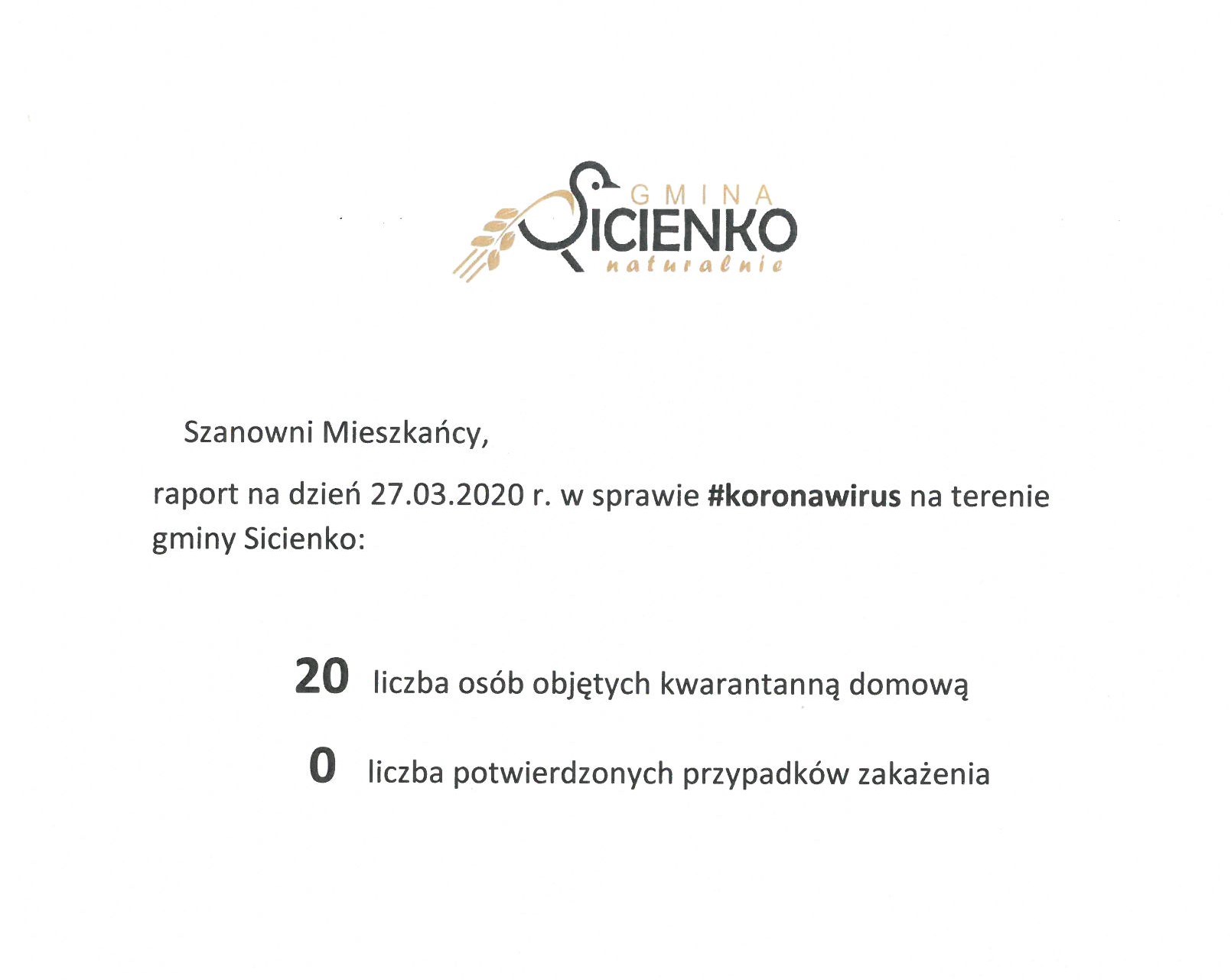 Raport dzienny w sprawie koronawirus na terenie gminy Sicienko