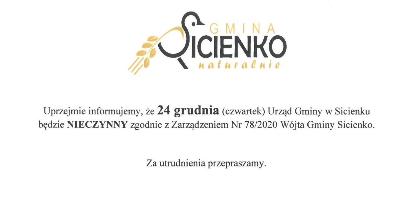 24 grudnia Urząd Gminy w Sicienku - nieczynny, informacja