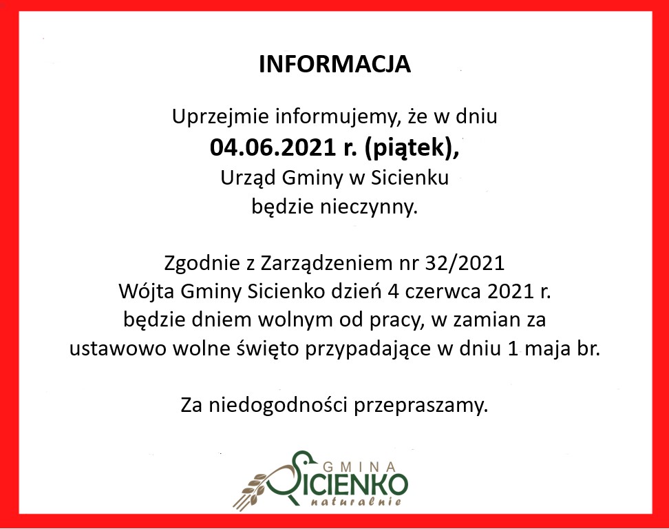 04.06.2021 r. Urząd Gminy w Sicienku nieczynny