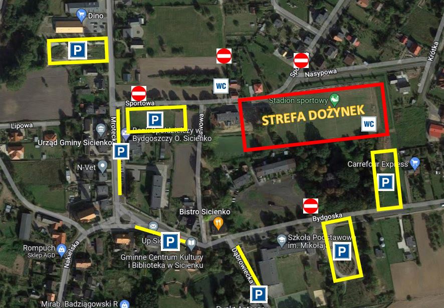 mapka z lokalizacją miejsca imprezy, parkingów i toalet publicznych.