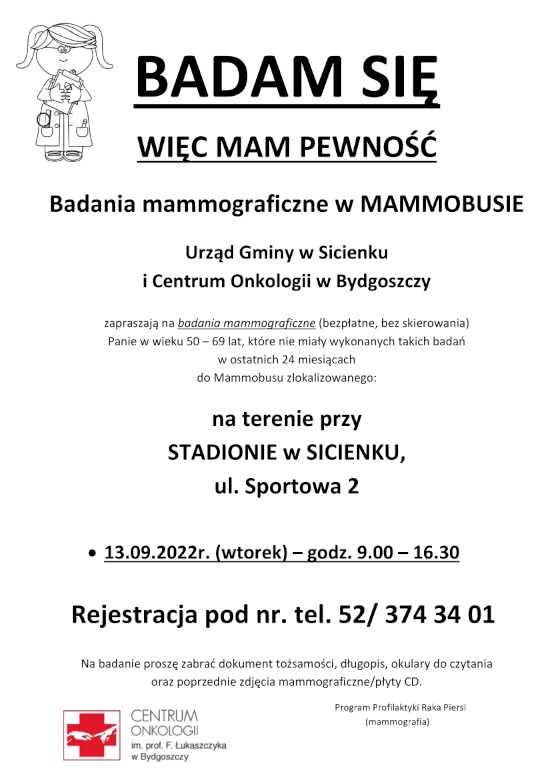 Bezpłatne  badanie mammograficzne w Gminie Sicienko