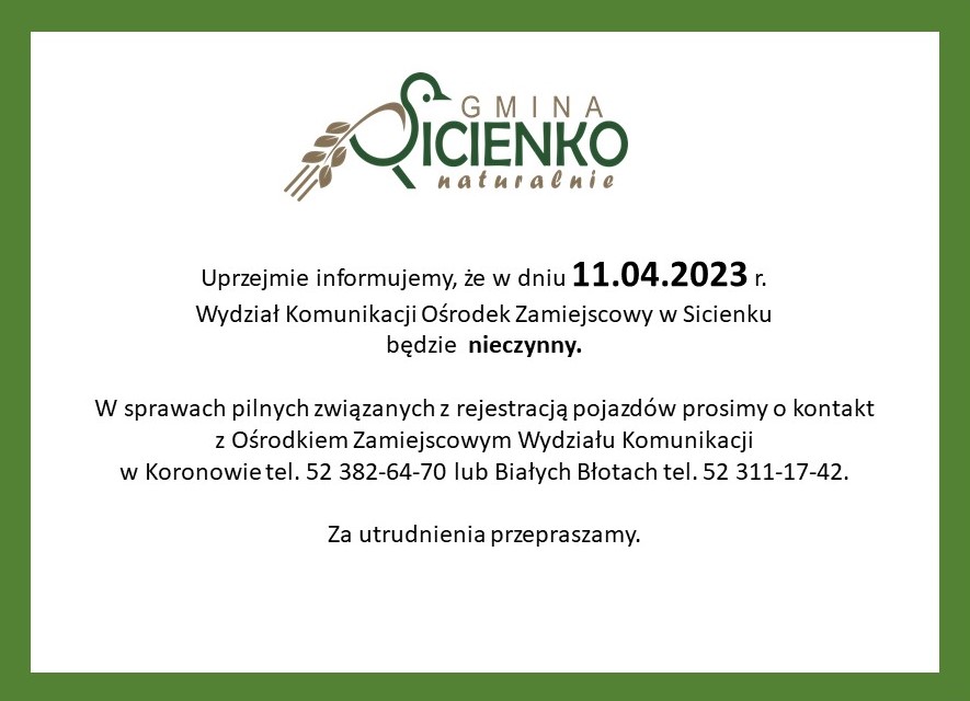 Wydział Komunikacji Ośrodek Zamiejscowy w Sicienku nieczynny 11.04.2023 r.