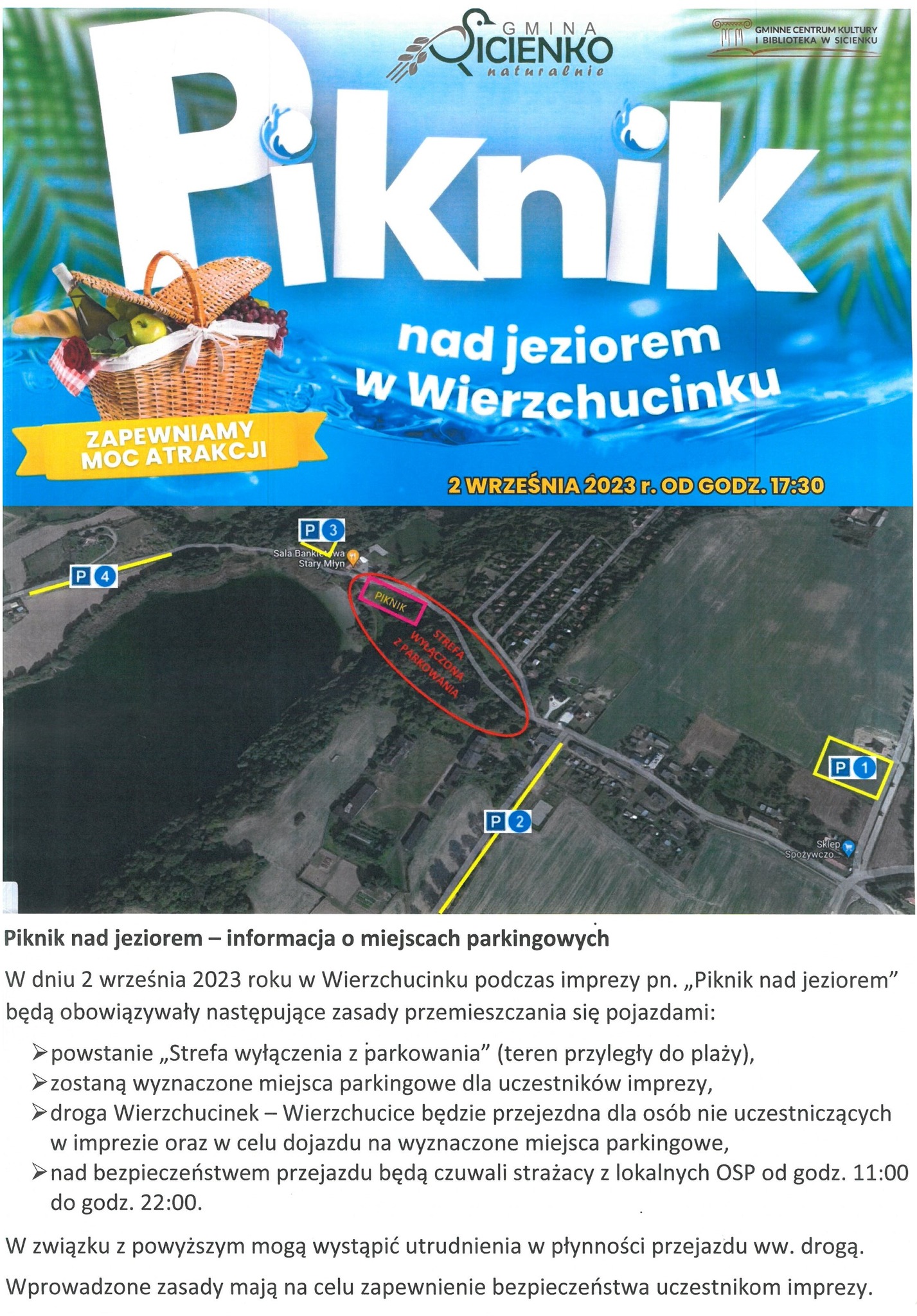 Piknik nad jeziorem w Wierzchucinku - mapka z lokalizacją miejsca imprezy i parkingów