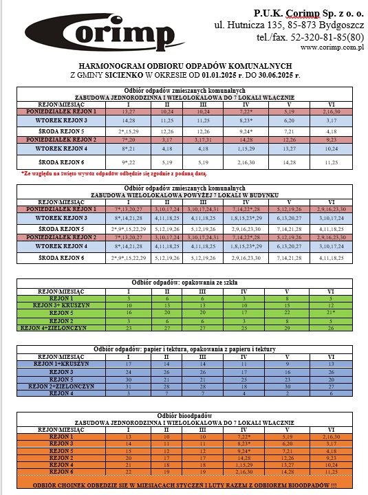 Harmonogram wywozu odpadów w I połowie 2025 r. część 1