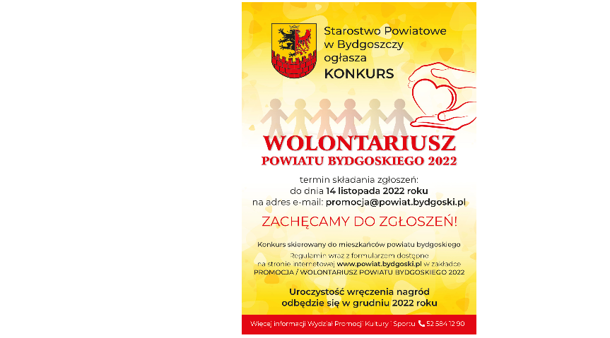 Konkurs "Wolontariusz Powiatu Bydgoskiego 2022" Kliknięcie w obrazek spowoduje wyświetlenie jego powiększenia